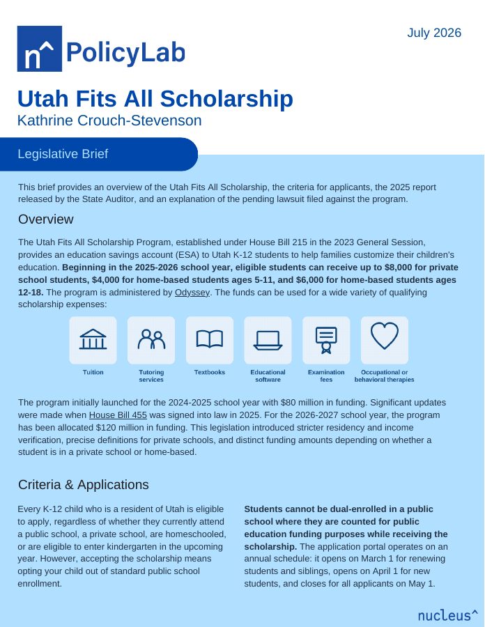 First page preview of Utah Fits All Scholarship legislative brief