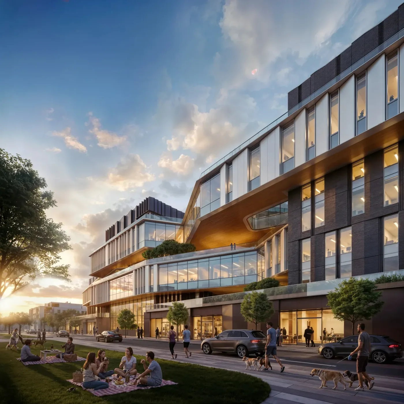 Architectural rendering of Convergence Point’s southeast exterior and public lawn